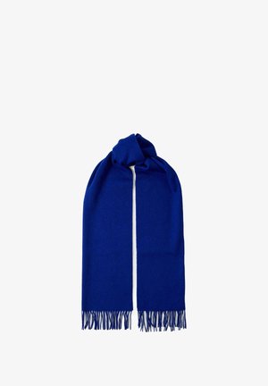 Sciarpa di un intenso blu reale realizzata in morbido tessuto, con bordi frangiati e un design semplice e senza decorazioni.