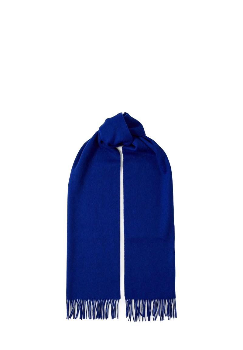 Écharpe bleu royal vif en tissu doux, avec des bords frangés et un design simple, sans embellissement.