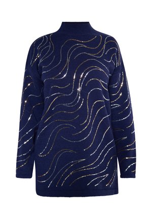 Maglione blu navy con collo alto, caratterizzato da motivi ondulati realizzati in paillettes oro e argento sulla parte anteriore. Tessuto a maglia morbido e textured.