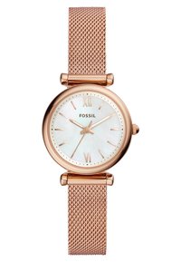 Rosegold Mesh-Armband-Uhr mit einem runden Ziffernblatt aus weißem Perlmutt, römischen Ziffern und minimalistischen Details. Markenlogo: Fossil.