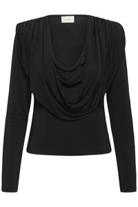 Svart langermet topp med drapert halstørklehals og rynkede skulderdetaljer, innsvingt i midjen fra merket Gestuz.