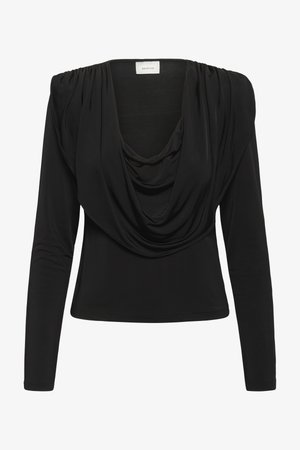 Top negro de manga larga con escote drapeado tipo cowl y detalles fruncidos en los hombros, cintura entallada, de la marca Gestuz.