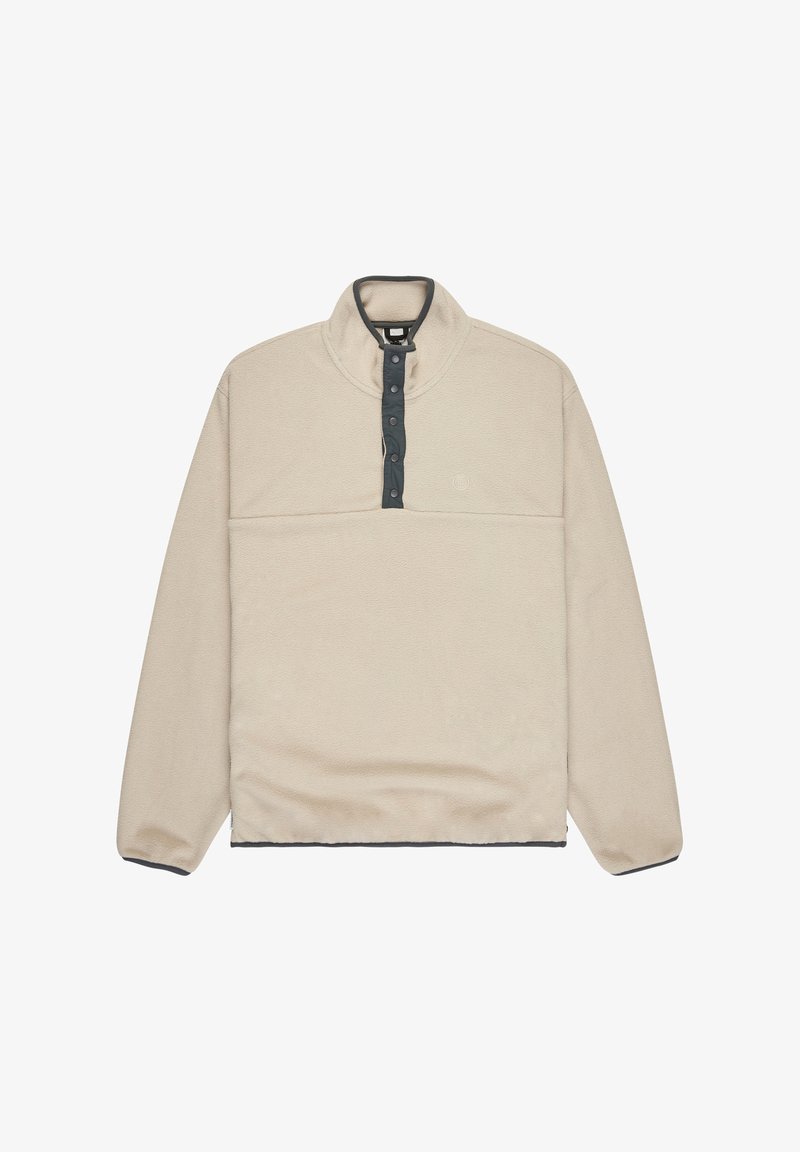 Pullover in pile beige con zip a metà, caratterizzato da un pattino con bottoni blu scuro e orli e polsini blu scuro a contrasto. Logo discreto sul petto.