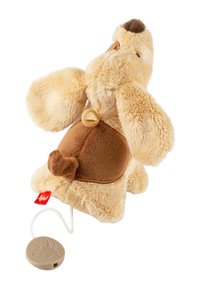 Plush dog toy, beige and brown, with floppy ears and a curly tail. Soft fur texture, includes a pull cord with a round beige base.