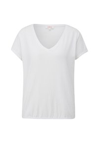 Bílý krátký rukáv T-shirt s výstřihem do V. Vyrobeno z texturované tkaniny, s volným střihem a rovnými lemy. Viditelná štítek značky uvnitř.