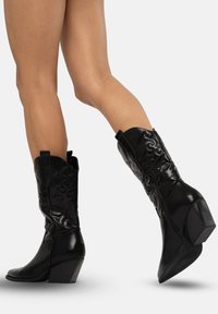 Botas de vaquero de cuero negro con puntas afiladas, costura decorativa, cremallera lateral y tacón apilado. Textura suave.