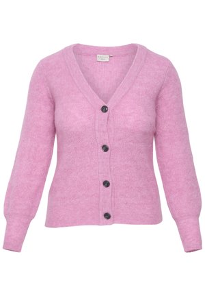 Rosa cardigan lavet af struktureret strikket stof, med V-hals, lange ærmer og fem mørke knapper foran.
