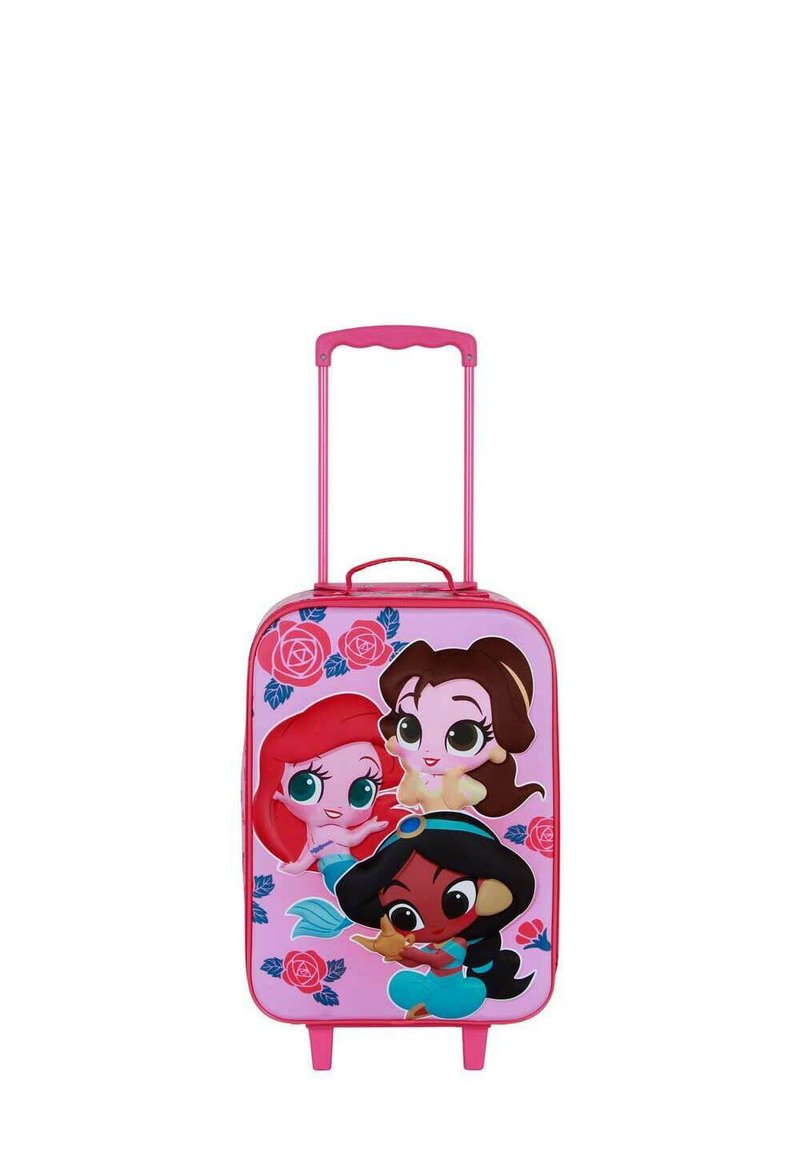 Maleta rígida con un fondo rosa que presenta tres personajes de dibujos animados, patrones florales y un mango retráctil rosa.