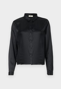 Blusa nera in satin a maniche lunghe con chiusura a bottoni, colletto classico e polsini aderenti, esposta su uno sfondo neutro.