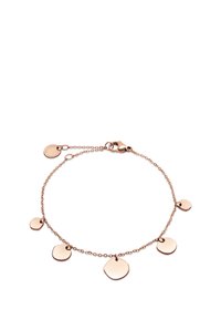 Rose gold bracelet features a delicate chain with five irregular disc charms, showcasing a smooth, reflective surface and a lobster clasp.