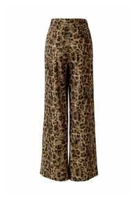 Hochtaillierte, weit geschnittene Hosen mit einem durchgehenden braun-schwarzen Leopardenmuster, auf einem weißen Hintergrund präsentiert.