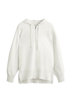 Hellgraue Zip-Hoodie mit Kapuze und Zugband, überschnittenen Schultern und lockerer Passform. Weicher Stoff mit gerippten Bündchen und Saumdetails.
