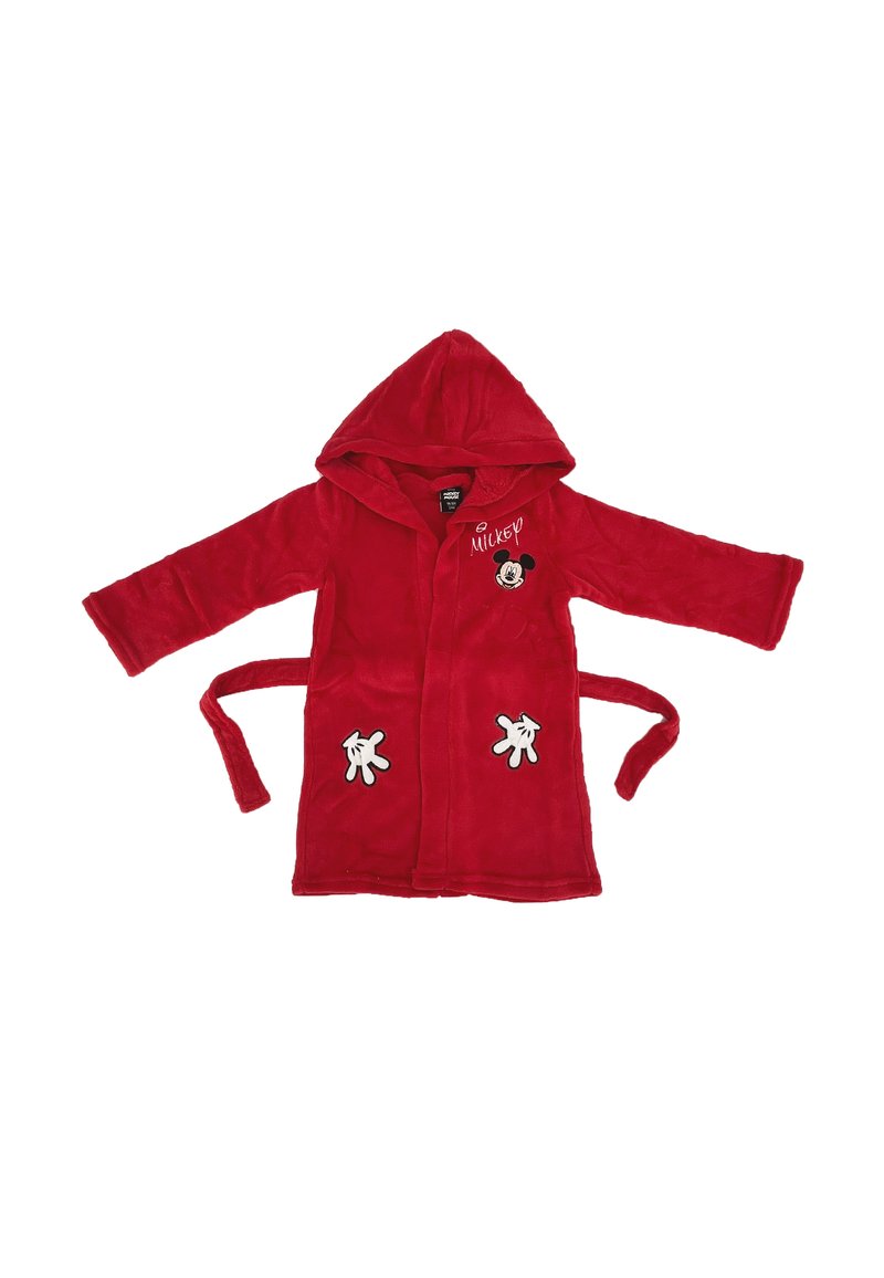 Rode fleec bathrobe met een capuchon. Voorzien van witte handafdrukken van Mickey Mouse en 'Mickey' borduursel. Inclusief strikceintuur voor sluiting. Zachte textuur.