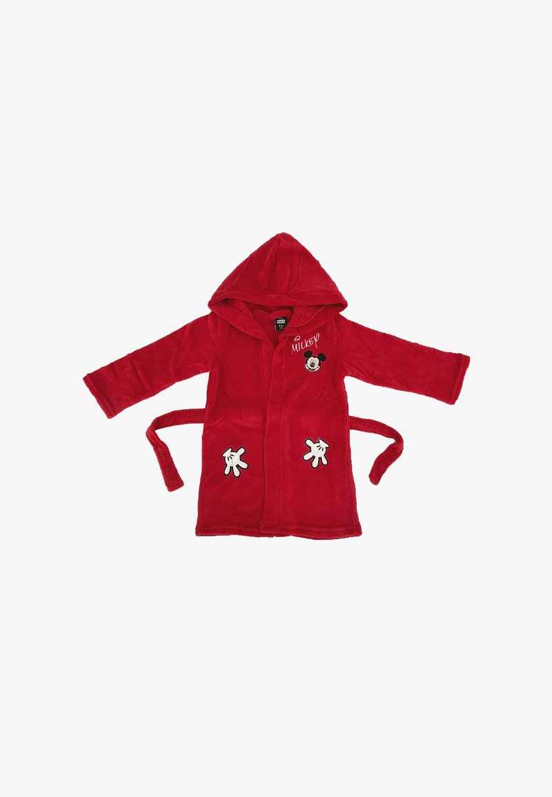 Accappatoio in pile rosso con cappuccio. Presenta impronte delle mani di Topolino bianche e ricamo "Mickey". Include una cintura per la chiusura. Texture morbida.