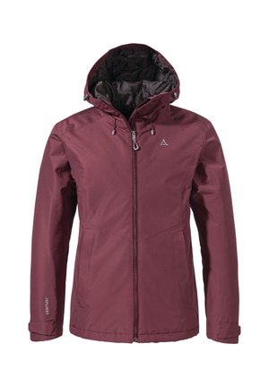 Giacca impermeabile bordeaux con zip frontale, cappuccio regolabile e polsini elasticizzati. Presenta un esterno liscio e un interno isolato.