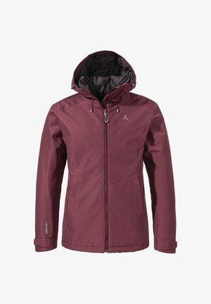 Giacca impermeabile bordeaux con zip frontale, cappuccio regolabile e polsini elasticizzati. Presenta un esterno liscio e un interno isolato.