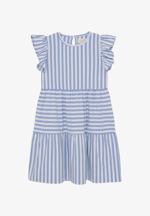 Blau-weiß gestreift Kleid mit kurzen Rüschärmeln, rundem Halsausschnitt und einem Stufenrockdesign. Weicher Stoff mit leichter Textur.