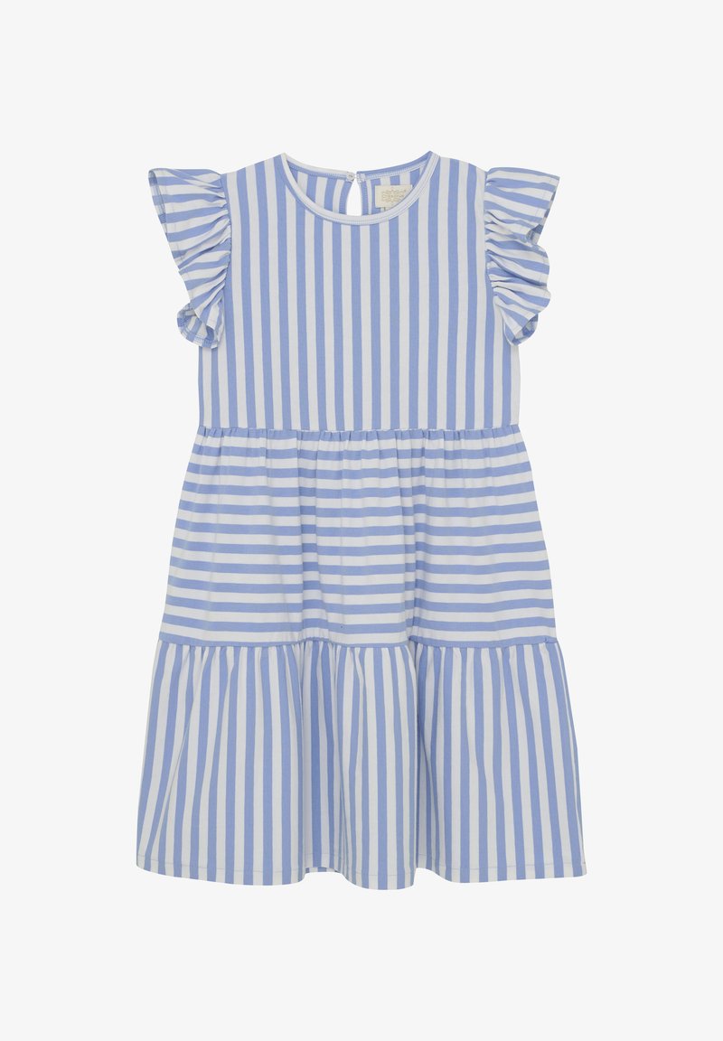 Niebieska i biała sukienka w paski z krótkimi falbaniastymi rękawami, okrągłym dekoltem i warstwowym fasonem spódnicy. Miękka tkanina o lekkiej teksturze.
