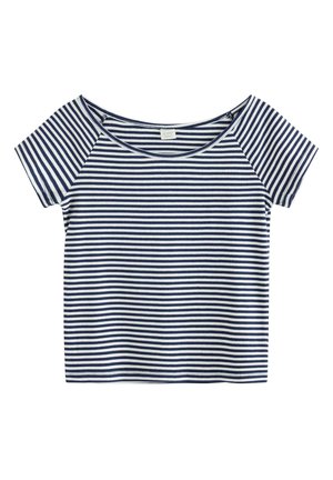 Marineblå og hvide vandrette stribede kortærmede croptop med en bred, rund halsudskæring og ribbet stofstruktur.