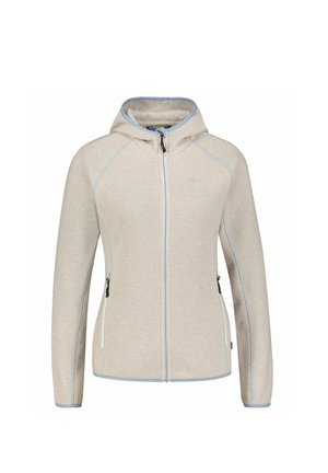 Light gray zip-up hoodie with a blue accent at the hood. Made from textured fabric, featuring two zippered side pockets.