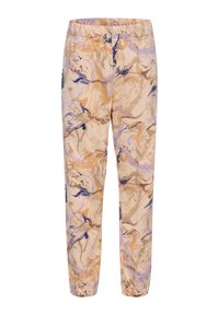 Beige Druckhose mit abstrakten Wirbeln aus Blau, Orange und Braun; elastischer Taillenbund und schmal zulaufende Bündchen für einen bequemen Sitz.