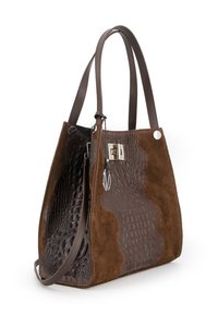 Bruine tote bag met een gestructureerde croco-geembossede leren bodem en een gladde suède bovenkant. Voorzien van bruine leren hengsels en een metalen sluiting met accenten.