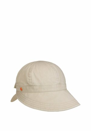 Beige cap with a wide, curved brim and a stitched band around the crown, featuring a small round orange button on the side.