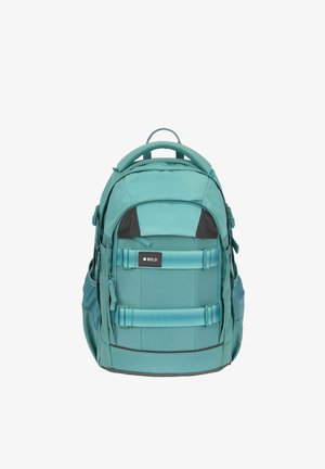 Sac à dos bleu sarcelle avec plusieurs compartiments zippés, sangles avant avec une étiquette "BOLD", poches latérales en mesh et poignée supérieure rembourrée.