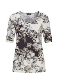 Bluse mit Blumenmuster, kurzen Ärmeln, Rundhalsausschnitt und einer Mischung aus Schwarz, Weiß und Beige aus einem Baumwollmischgewebe.