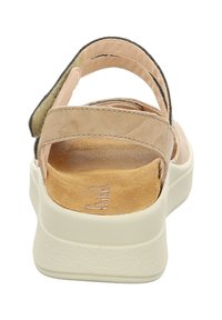 Helle rosa Leder-Sandale mit breitem Riemen, gepolsterter Sohle und strukturiertem Rückenteil. Gummisohle sorgt für Stabilität und Unterstützung.
