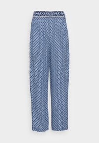 Modré široké kalhoty s vzorem, látkovým pasem a dekorativním lemováním. Design zahrnuje diamantový vzor v různých odstínech modré.