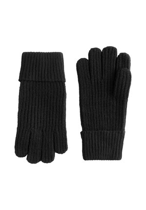 Schwarze gestrickte Handschuhe mit gerippter Textur, die separate Finger und einen faltbaren Bund für anpassbare Länge haben.