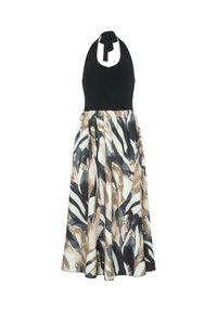 Robe à col halter avec un buste ajusté noir et une jupe fluide avec un motif abstrait dans des tons beige, noir et blanc.