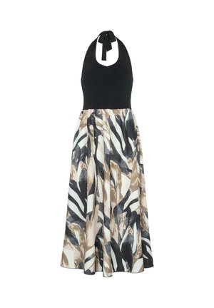 Robe à col halter avec un buste ajusté noir et une jupe fluide avec un motif abstrait dans des tons beige, noir et blanc.