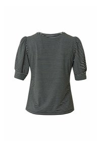 Maglietta a righe con strisce orizzontali bianche e nere, maniche corte affusolate, scollatura rotonda e vestibilità rilassata.
