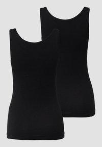 Débardeurs noirs en tissu doux et extensible avec un col rond. Présente un design ajusté, idéal pour les superpositions.