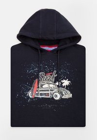 Námořnická mikina s grafikou vintage auta se surfovacím prknem, palmami a textem "SUMMER Surf". Vyrobena z jemné látky.