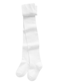 Weiße kniehohe Socken mit glatter Textur, flachem Bund und verstärkter Zehenpartie. Hergestellt aus elastischem Material für Komfort und Passform.