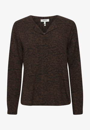 Langærmet top i mørkebrunt stof med et struktureret, abstrakt sort mønster. V-hals-design med en afslappet pasform og ingen synlig hardware.
