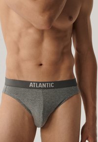 Szare bawełniane slipy z ciemnoszarym pasem w talii, na którym znajduje się napis "ATLANTIC" w jasnoszarym kolorze. Dopasowany krój i gładka faktura.