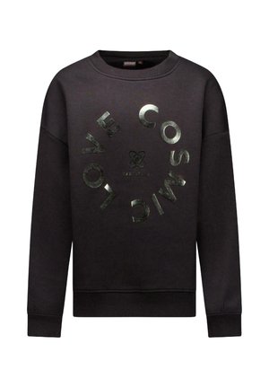 Zwarte sweatshirt met metallic tekst "LOVE COSMIC" in cirkelpatroon. Lange mouwen, ronde halslijn, ribgebreide manchetten en zoom. Zacht stoftextuur.