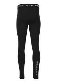 Zwarte leggings gemaakt van rekbaar materiaal met een hoge tailleband. Kenmerkend is de witte "ENDURANCE" branding nabij de enkel. Gladde textuur, aansluitend ontwerp.