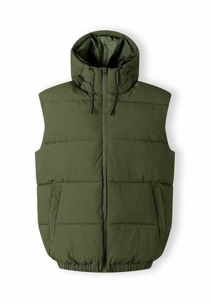 Gilet senza maniche in verde oliva, design trapuntato, colletto alto con cordini regolabili, chiusura frontale con zip, tasche laterali, orlo elasticizzato.