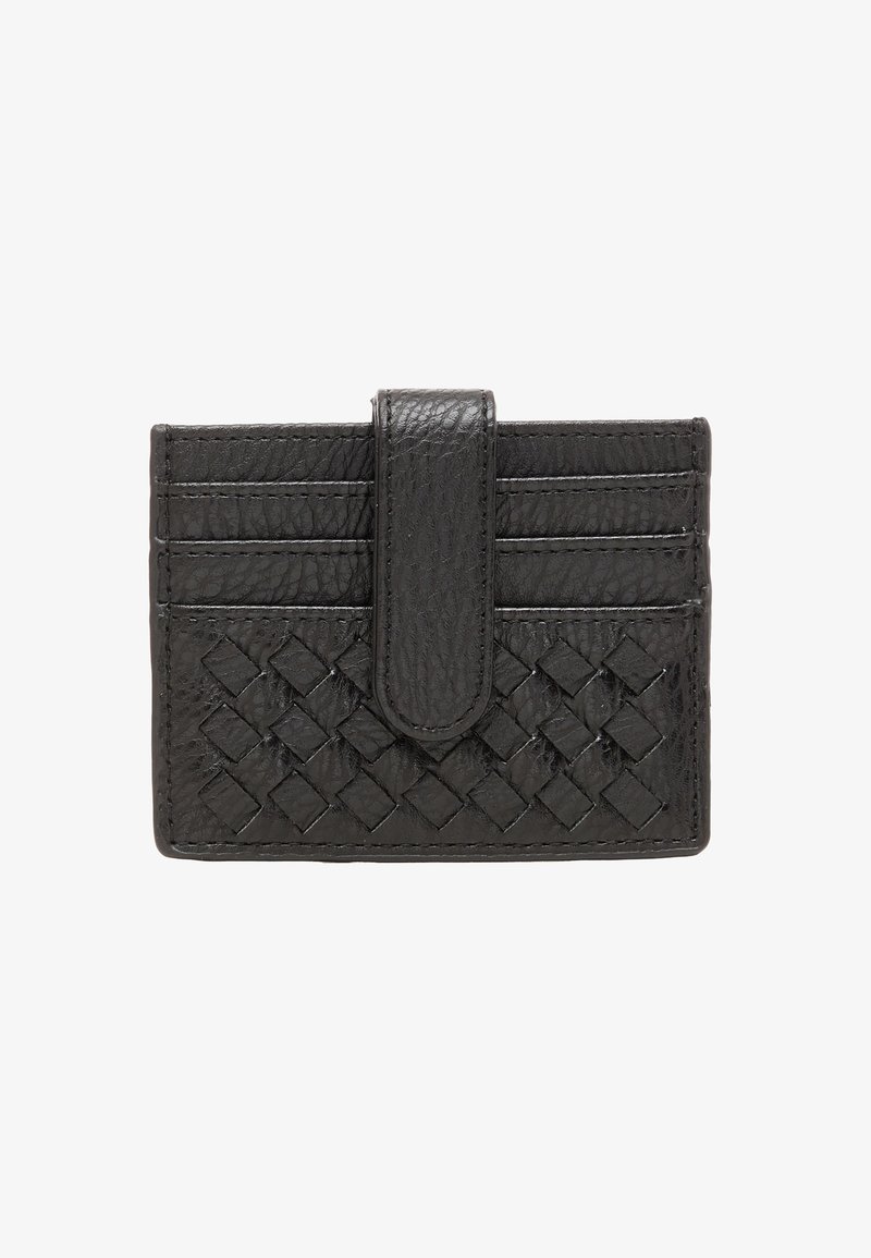 Black leather cardholder with four card slots, woven textured front, and a central snap closure strap.
