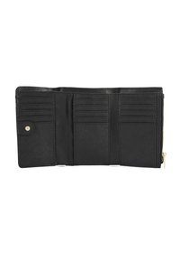 Portafoglio nero con finitura texturizzata, dotato di più scomparti per carte, un compartimento con zip e una chiusura a scatto sul lato sinistro.