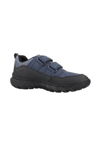 Zapatillas deportivas azul marino con parte superior de cuero texturizado, suela de goma, dos correas ajustables y un diseño robusto para mayor soporte y comodidad.