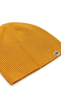 Yellow knitted beanie with a ribbed texture, featuring a folded brim and a small label on the side.