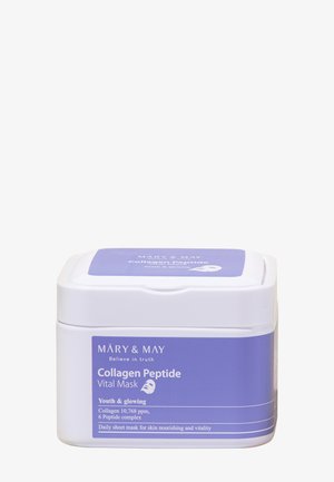 Beholder med Mary & May Collagen Peptide Vital Mask, et lilla og hvidt hudplejeprodukt for ungdommelig og strålende hud.