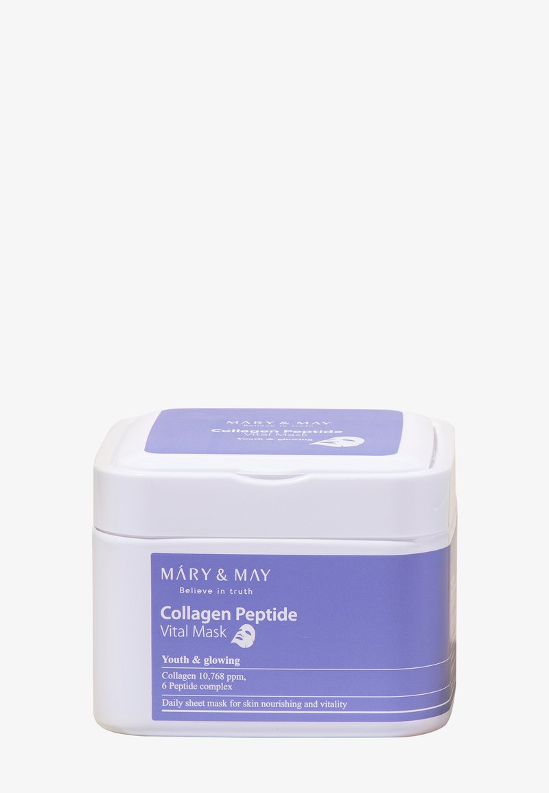 Beholder med Mary & May Collagen Peptide Vital Mask, et lilla og hvitt hudpleieprodukt for ungdommelig og strålende hud.
