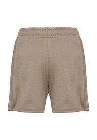 Beige stickade shorts med elastisk midja och sidfickor, med en enkel, mjuk yta och en avslappnad passform.